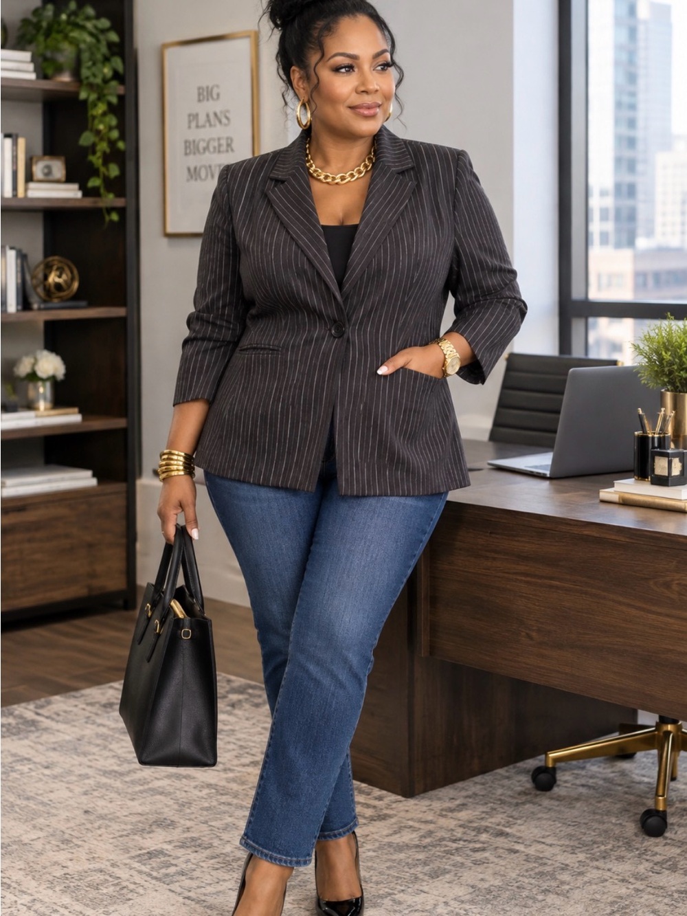Sag Harbor Black Pinstripe Single-Button Blazer